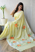 Linen Cotton Bagru Hand Block Saree With Blouse Piece