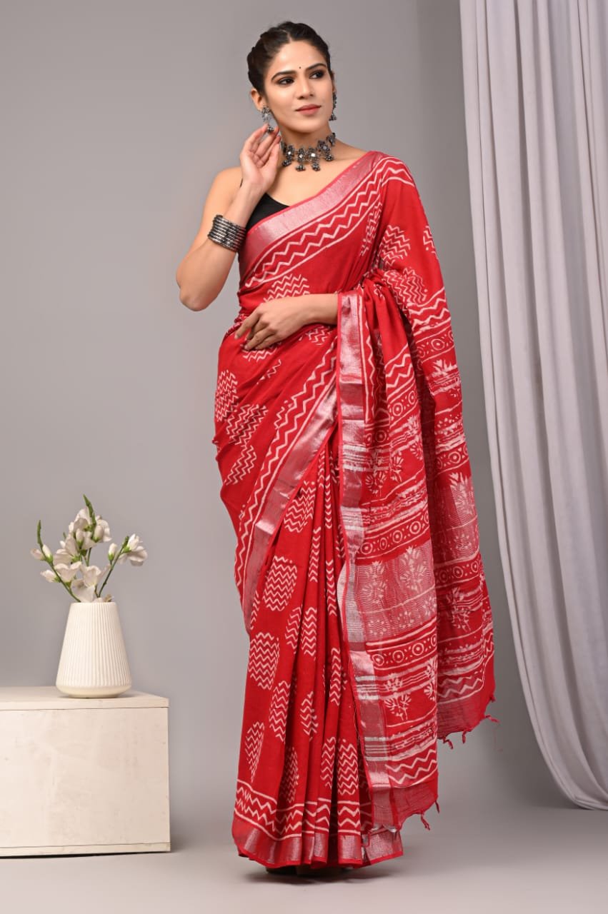 Linen Cotton Bagru Hand Block Saree With Blouse Piece