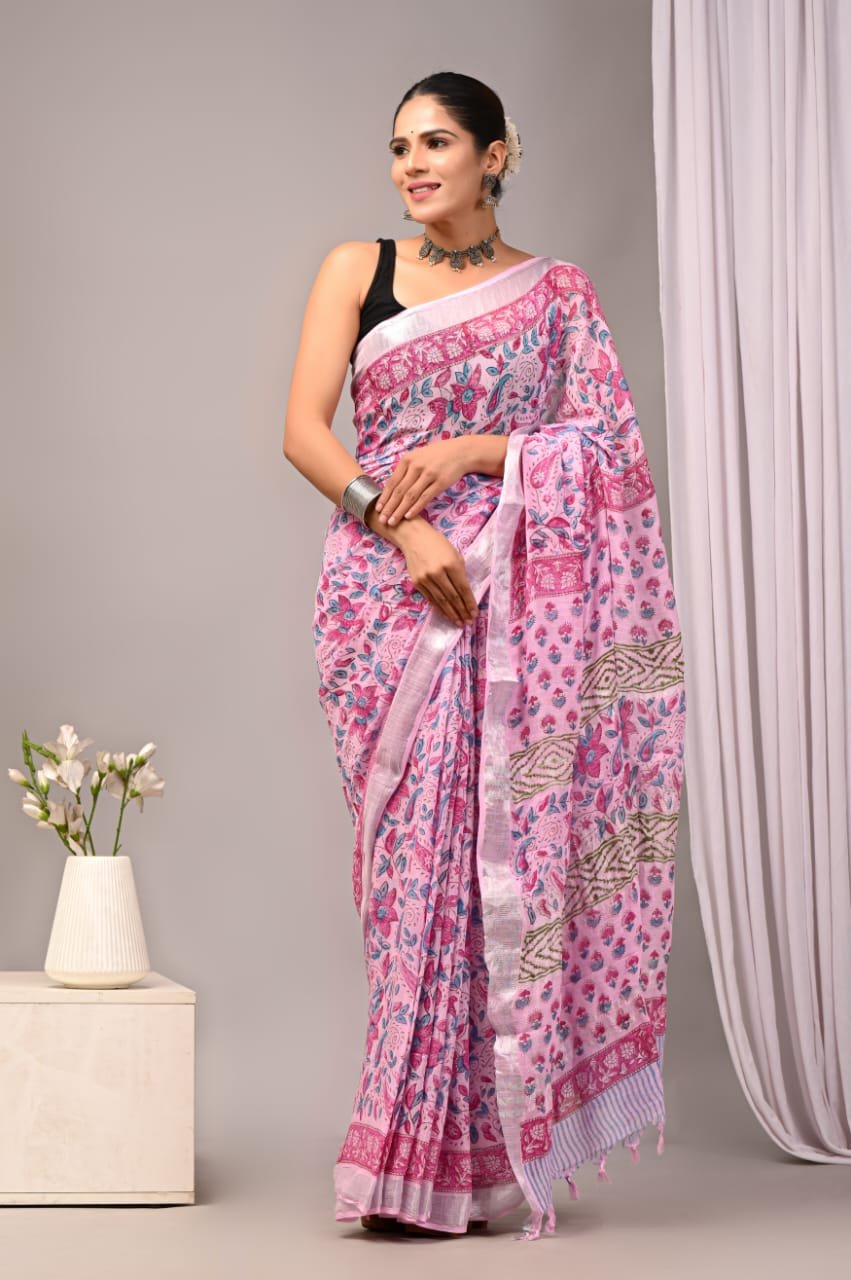 Linen Cotton Bagru Hand Block Saree With Blouse Piece