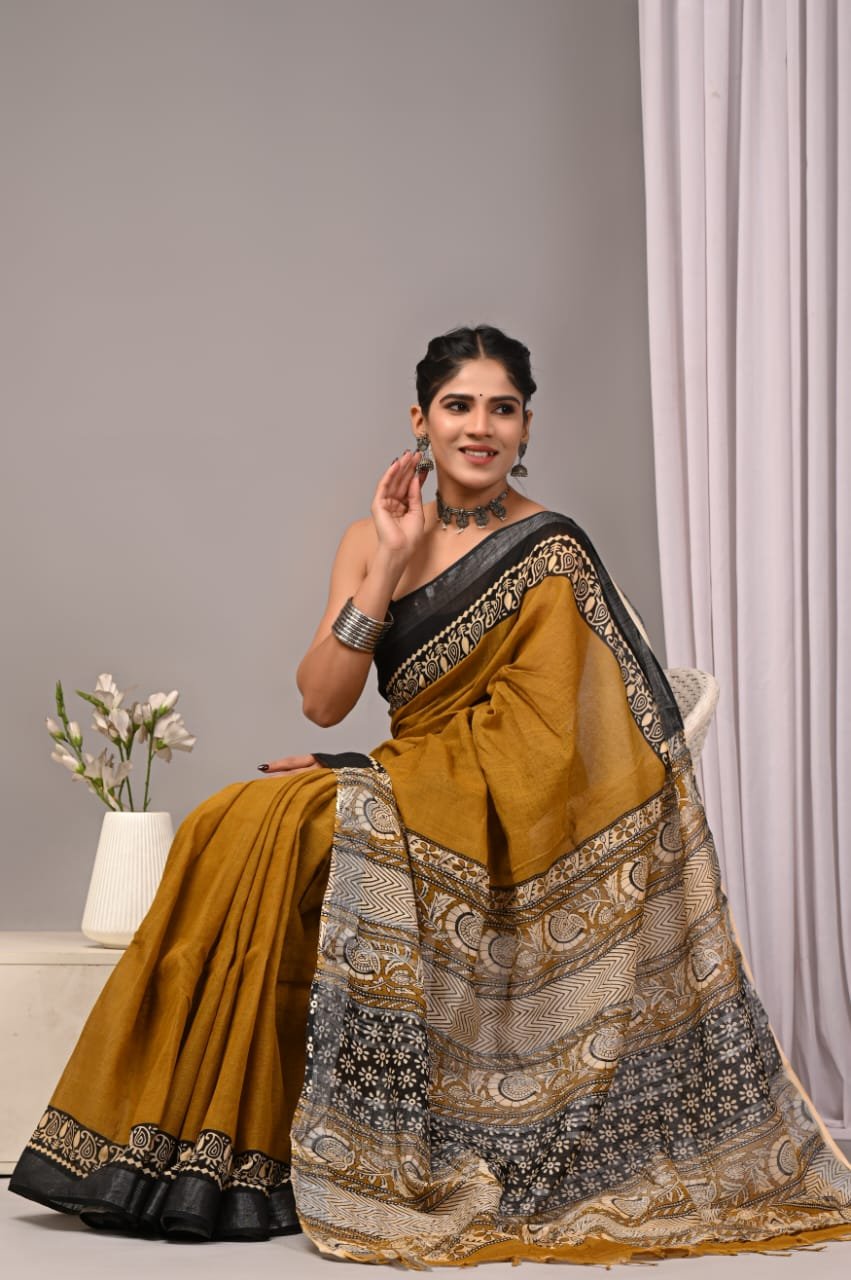 Linen Cotton Bagru Hand Block Saree With Blouse Piece