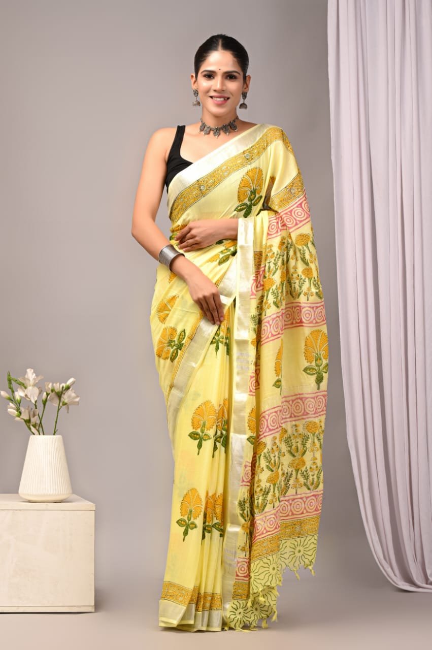 Linen Cotton Bagru Hand Block Saree With Blouse Piece