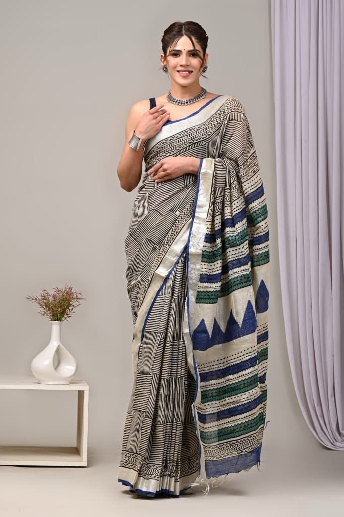 Linen Cotton Bagru Hand Block Saree With Blouse Piece