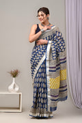 Linen Cotton Bagru Hand Block Saree With Blouse Piece