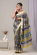 Linen Cotton Bagru Hand Block Saree With Blouse Piece