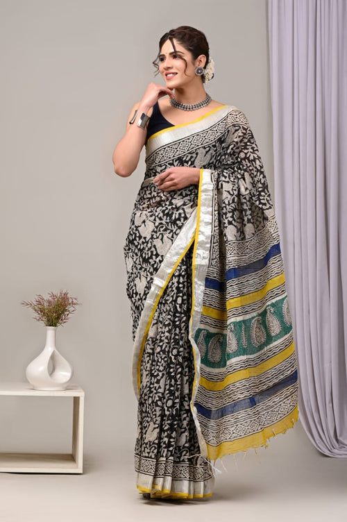 Black & Off-White Paisley Motif Bagru Hand Block Linen Cotton Saree With Blouse Piece
