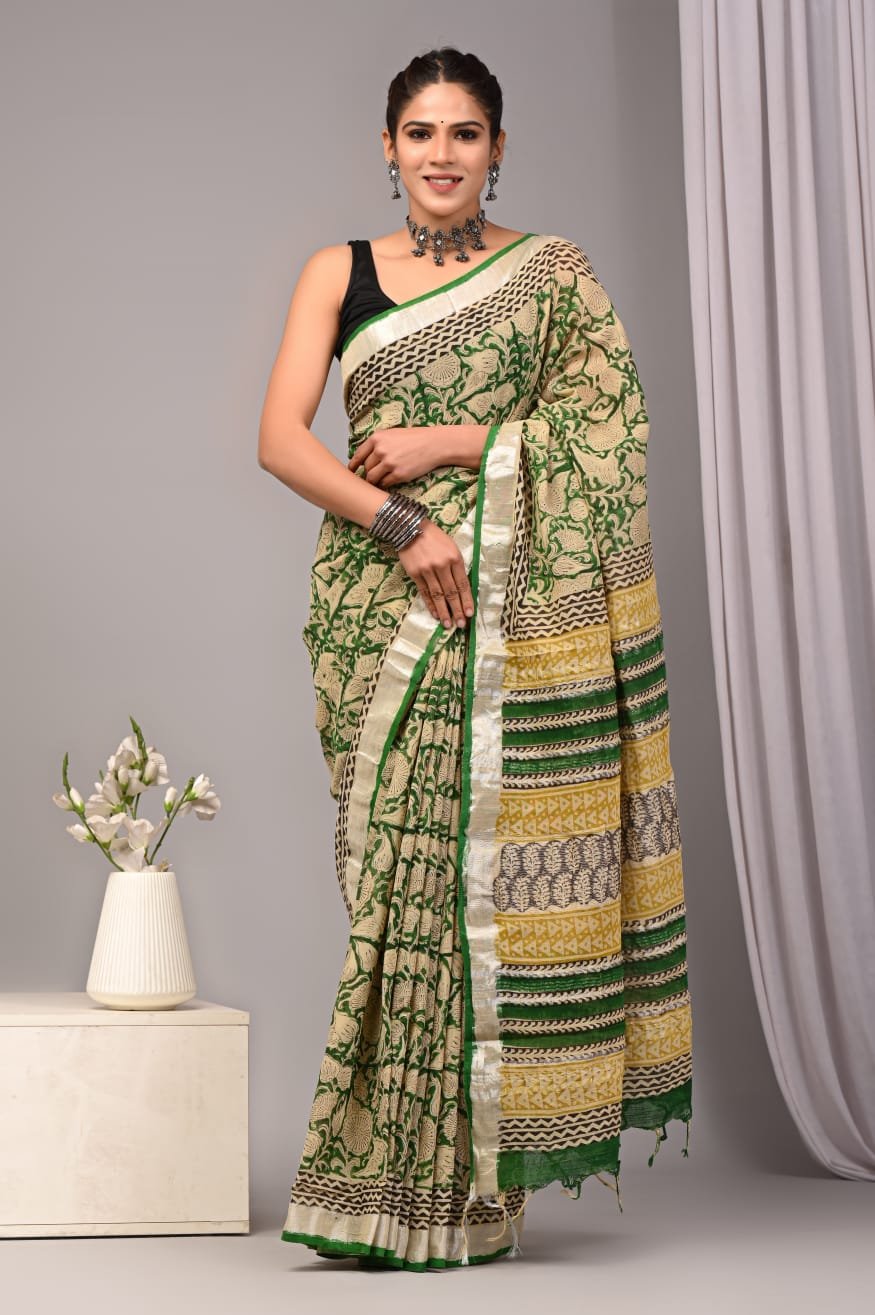 Linen Cotton Bagru Hand Block Saree With Blouse Piece