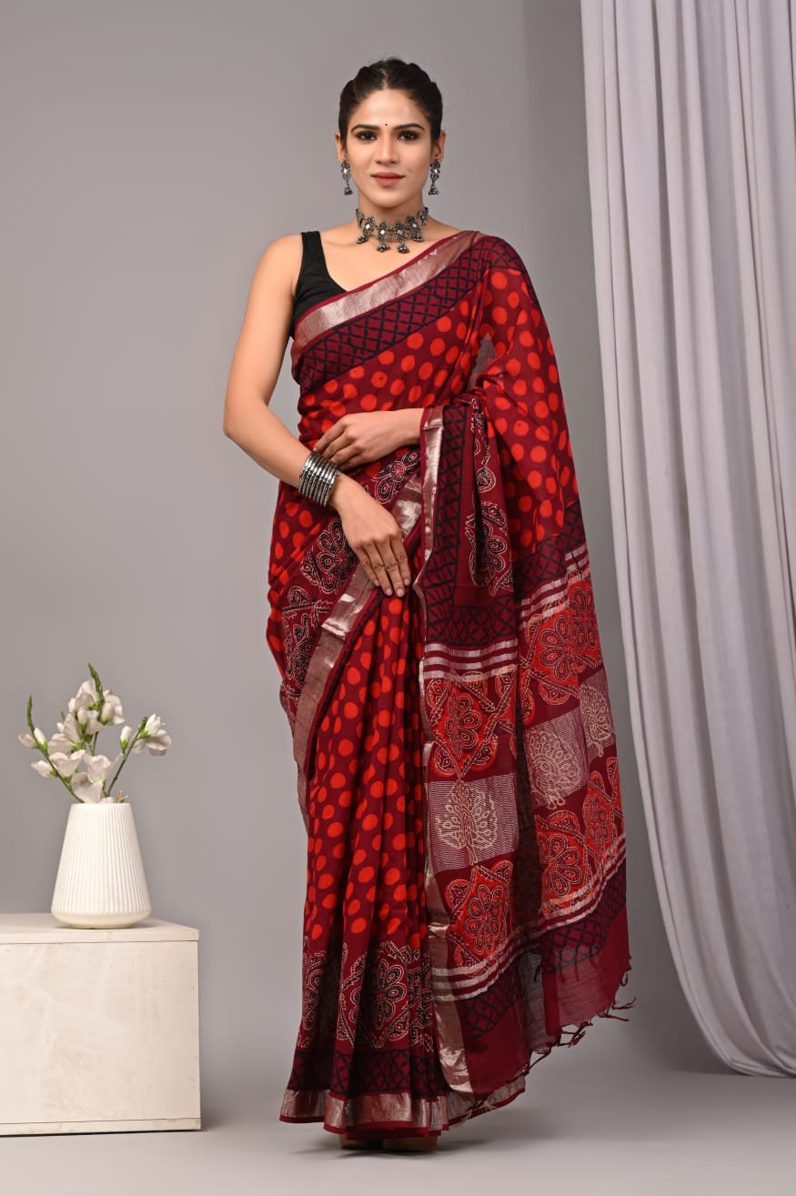 Linen Cotton Bagru Hand Block Saree With Blouse Piece