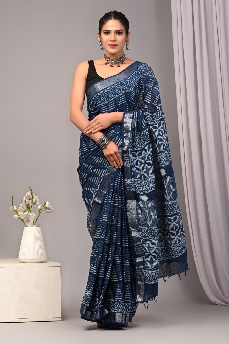 Linen Cotton Bagru Hand Block Saree With Blouse Piece