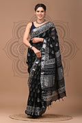 Linen Cotton Bagru Hand Block Saree With Blouse Piece