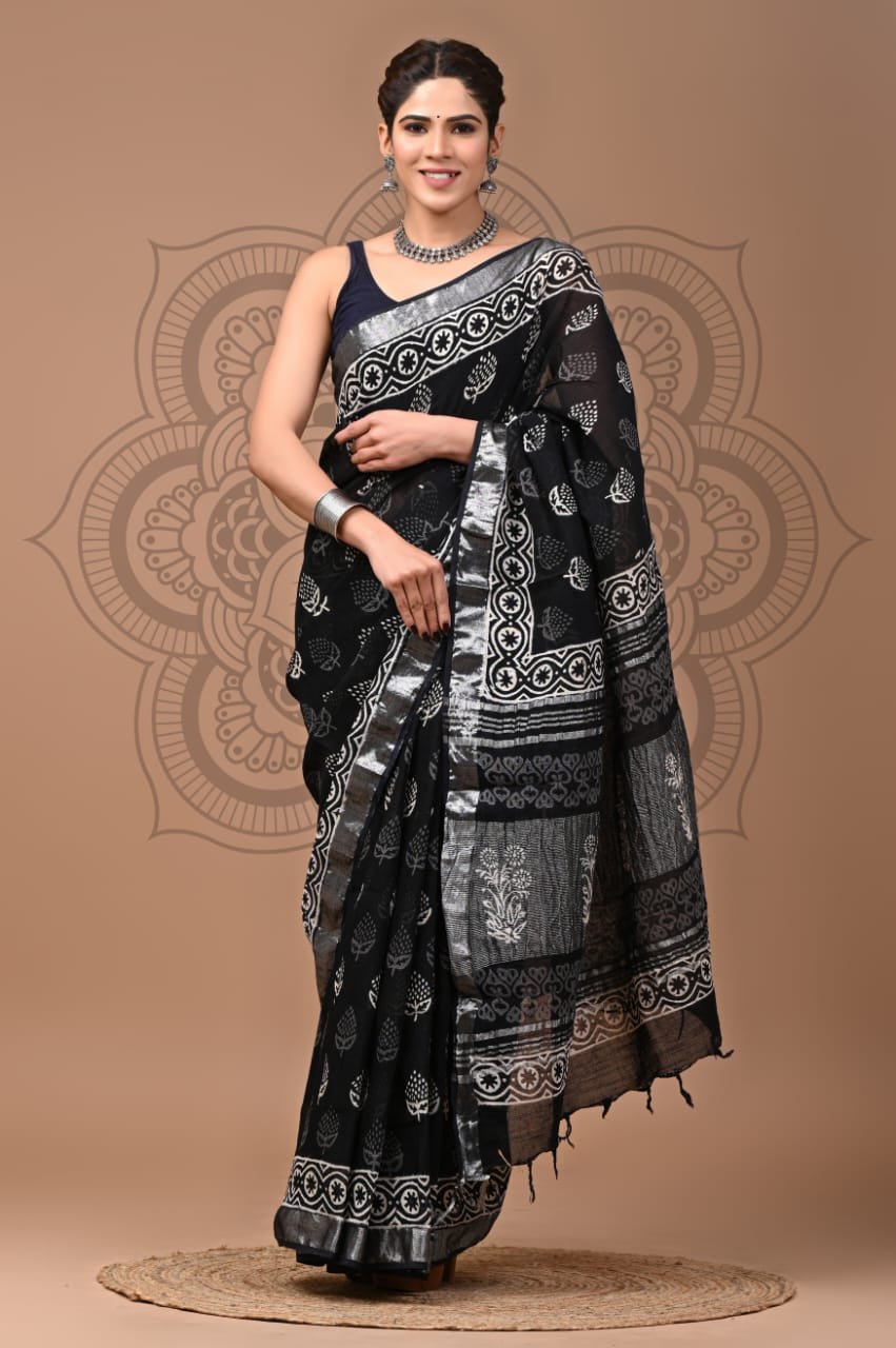 Linen Cotton Bagru Hand Block Saree With Blouse Piece