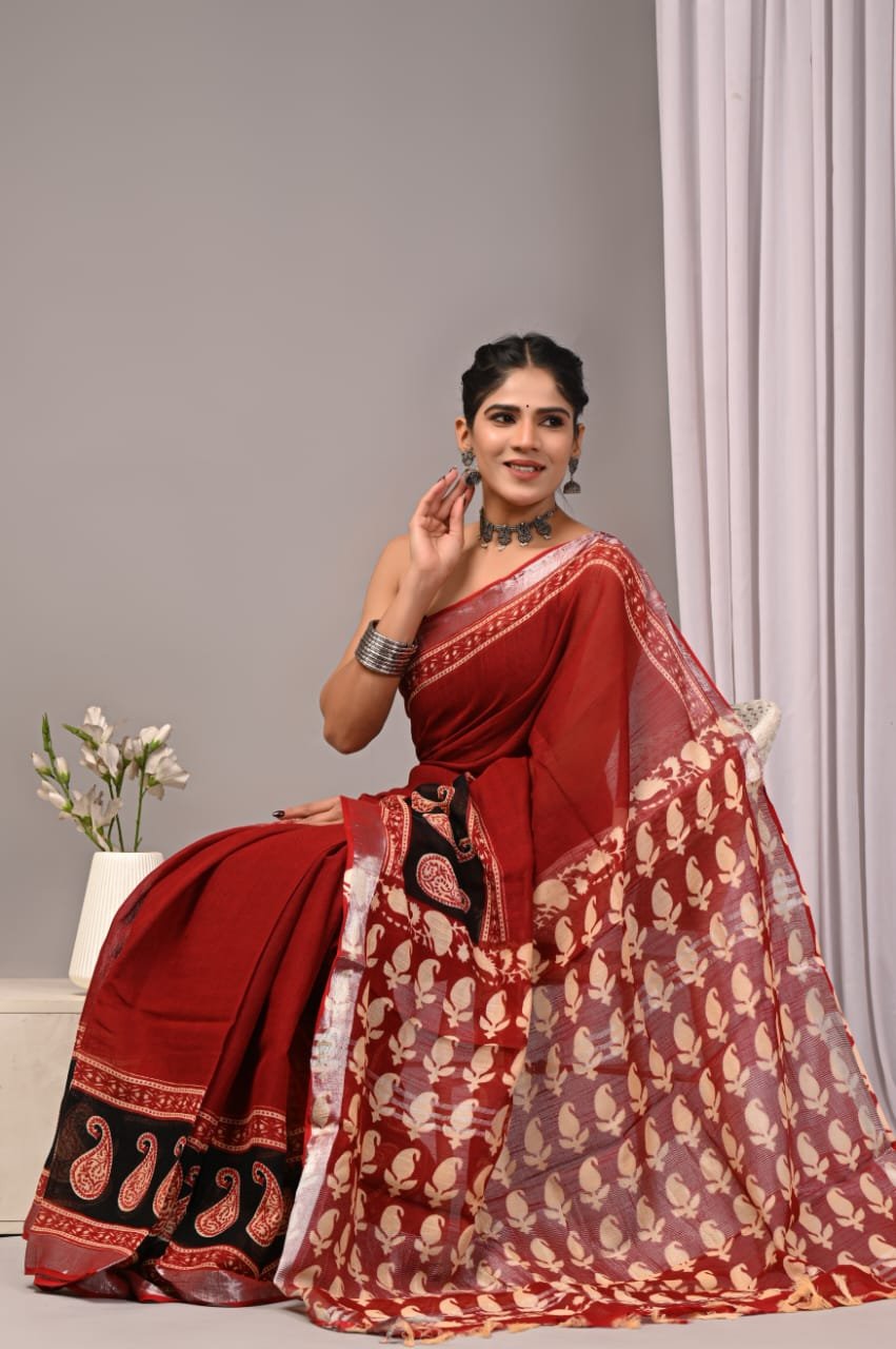 Linen Cotton Bagru Hand Block Saree With Blouse Piece