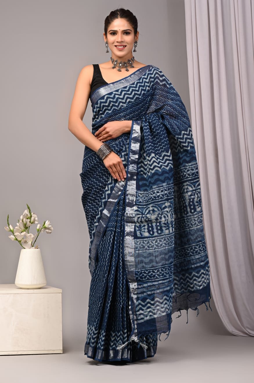 Linen Cotton Bagru Hand Block Saree With Blouse Piece
