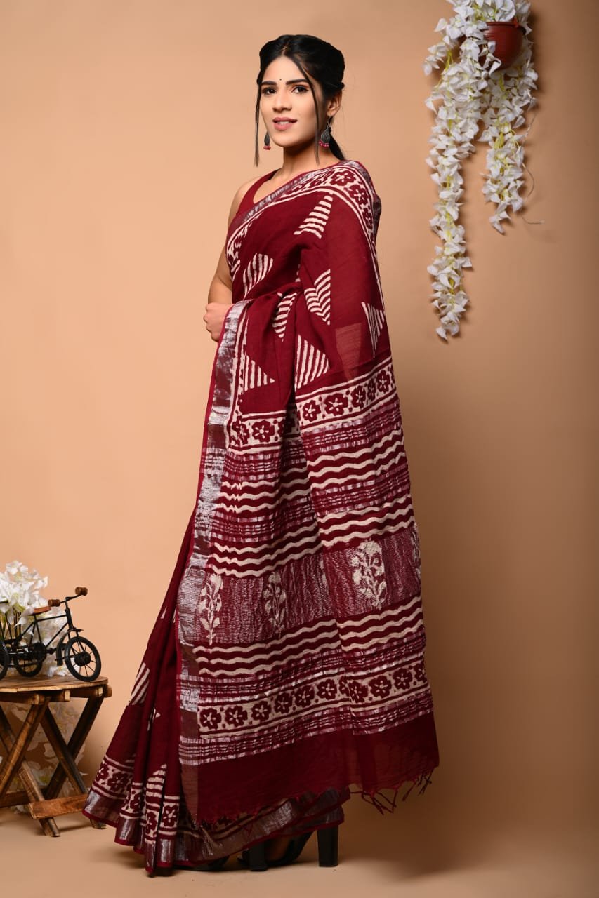 Linen Cotton Bagru Hand Block Saree With Blouse Piece