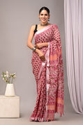 Linen Cotton Bagru Hand Block Saree With Blouse Piece