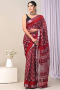 Linen Cotton Bagru Hand Block Saree With Blouse Piece