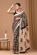 Linen Cotton Bagru Hand Block Saree With Blouse Piece