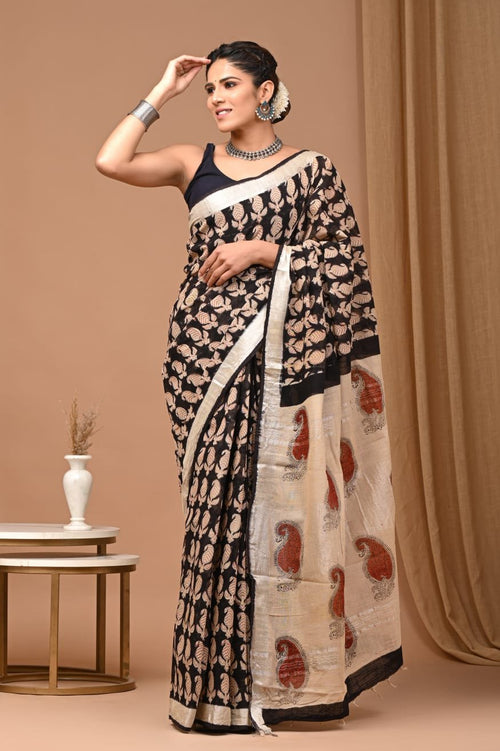 Black & Beige Buti Print Bagru Hand Block Linen Cotton Saree With Blouse Piece