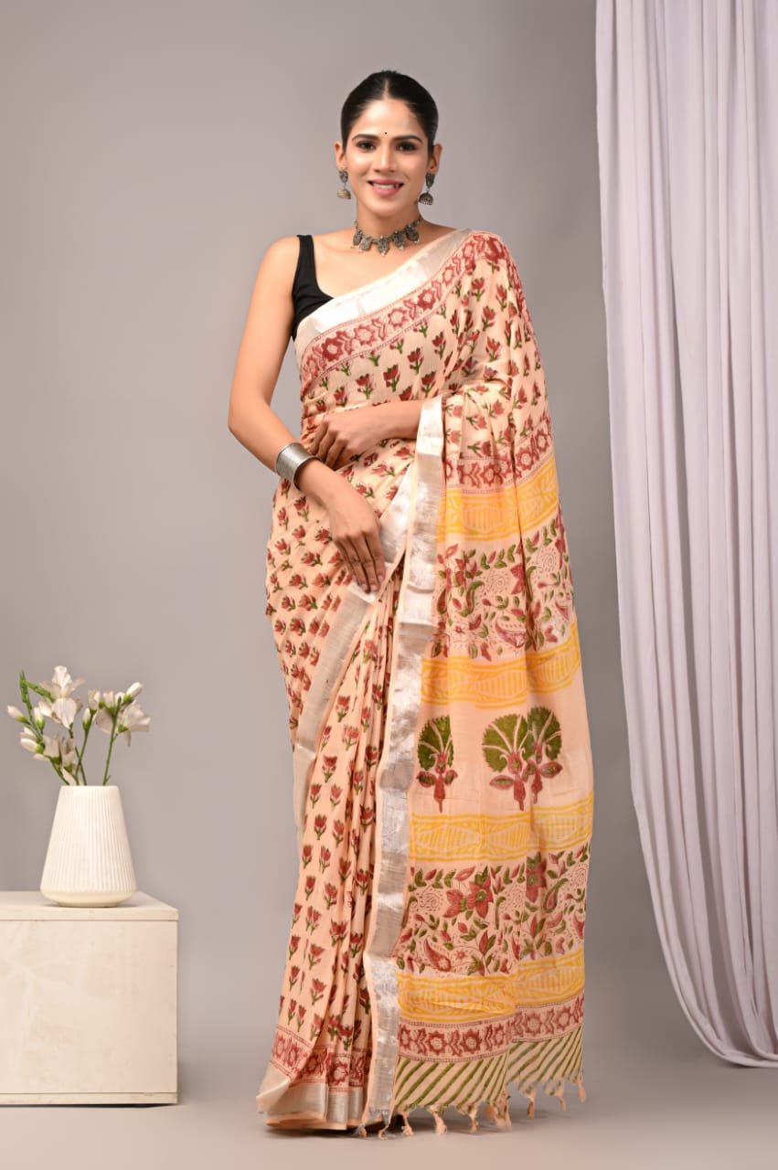 Linen Cotton Bagru Hand Block Saree With Blouse Piece