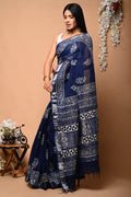 Linen Cotton Bagru Hand Block Saree With Blouse Piece
