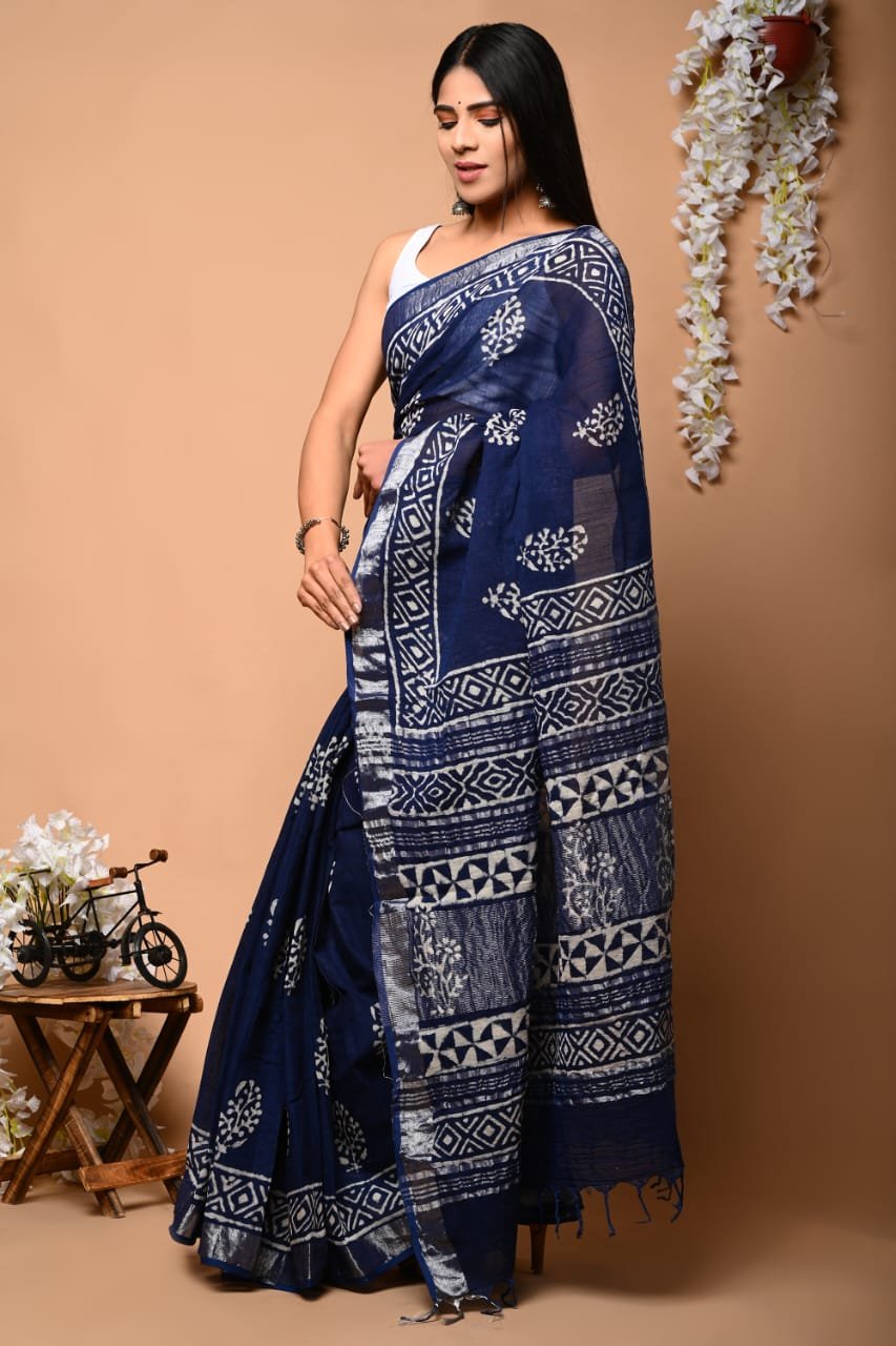 Linen Cotton Bagru Hand Block Saree With Blouse Piece
