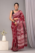 Linen Cotton Bagru Hand Block Saree With Blouse Piece