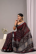 Linen Cotton Bagru Hand Block Saree With Blouse Piece