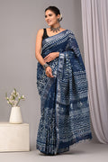Linen Cotton Bagru Hand Block Saree With Blouse Piece