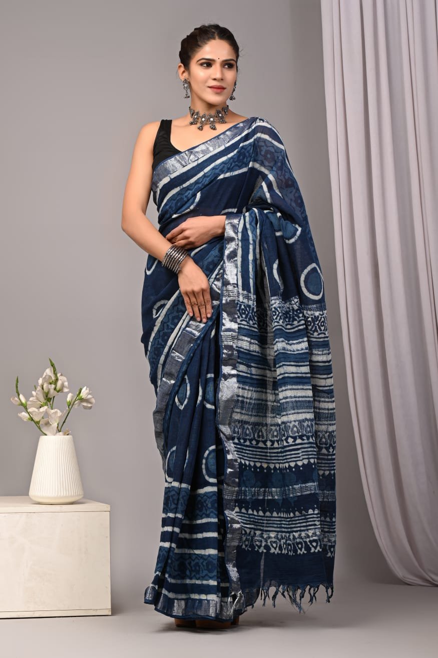 Linen Cotton Bagru Hand Block Saree With Blouse Piece