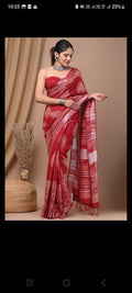 Linen Cotton Bagru Hand Block Saree With Blouse Piece