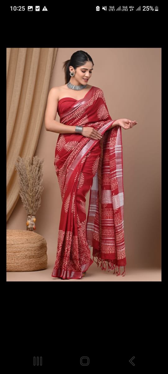 Linen Cotton Bagru Hand Block Saree With Blouse Piece