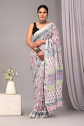 Linen Cotton Bagru Hand Block Saree With Blouse Piece