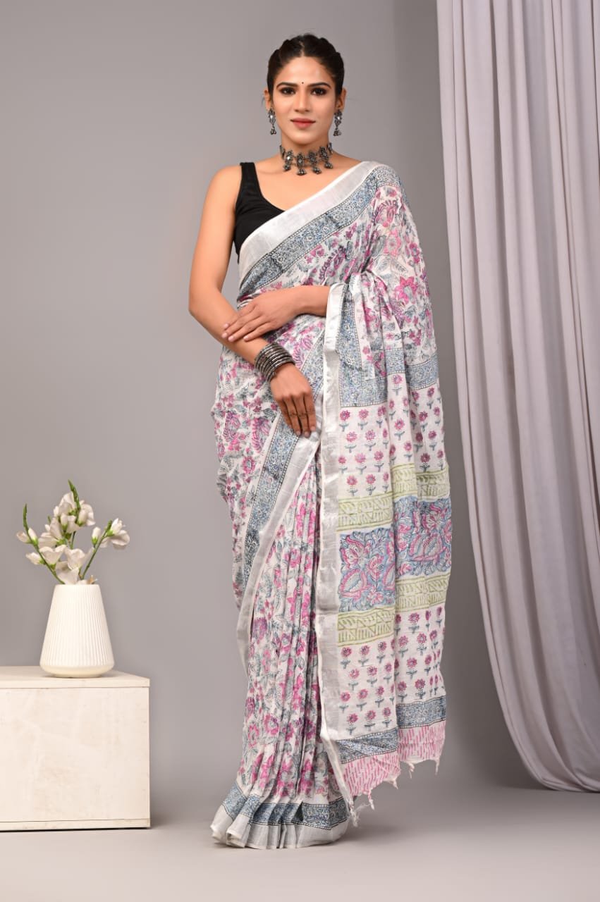 Linen Cotton Bagru Hand Block Saree With Blouse Piece