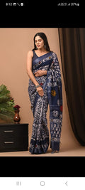 Linen Cotton Bagru Hand Block Saree With Blouse Piece