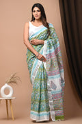 Linen Cotton Bagru Hand Block Saree With Blouse Piece