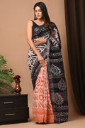 Linen Cotton Bagru Hand Block Saree With Blouse Piece