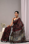 Linen Cotton Bagru Hand Block Saree With Blouse Piece