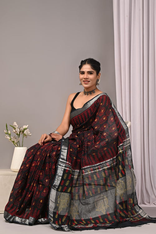 Black & Maroon Buti Print Bagru Hand Block Linen Cotton Saree With Blouse Piece