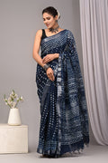 Linen Cotton Bagru Hand Block Saree With Blouse Piece