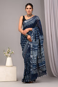 Linen Cotton Bagru Hand Block Saree With Blouse Piece