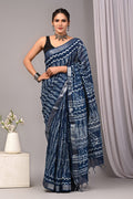 Linen Cotton Bagru Hand Block Saree With Blouse Piece