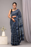 Linen Cotton Bagru Hand Block Saree With Blouse Piece
