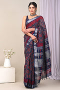 Linen Cotton Bagru Hand Block Saree With Blouse Piece