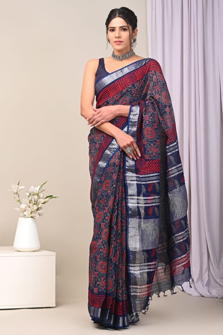 Linen Cotton Bagru Hand Block Saree With Blouse Piece