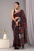 Linen Cotton Bagru Hand Block Saree With Blouse Piece