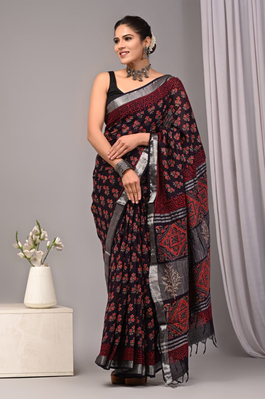 Linen Cotton Bagru Hand Block Saree With Blouse Piece