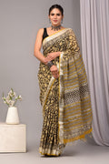 Linen Cotton Bagru Hand Block Saree With Blouse Piece