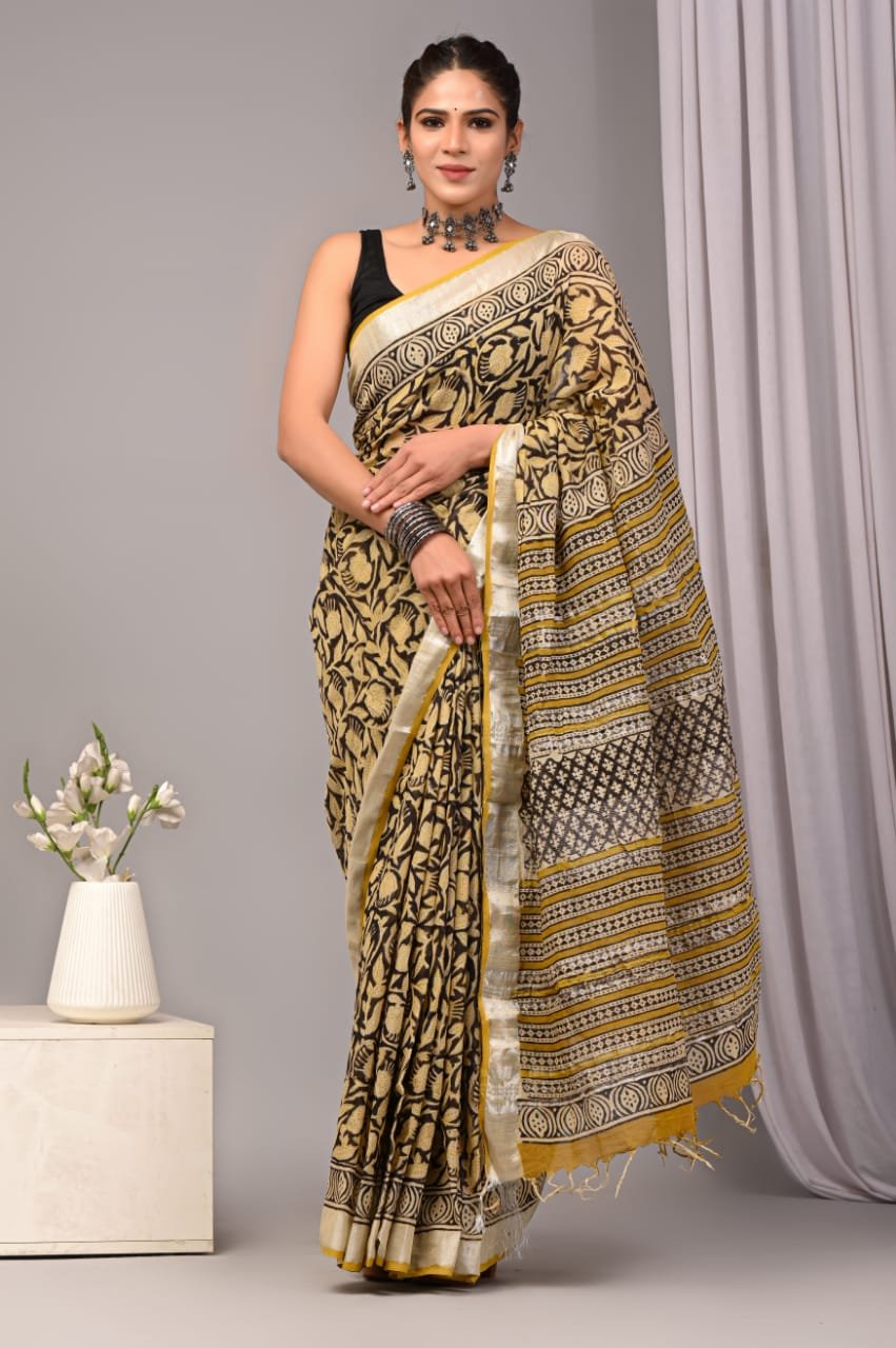 Linen Cotton Bagru Hand Block Saree With Blouse Piece