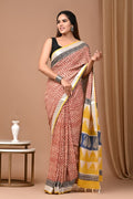 Linen Cotton Bagru Hand Block Saree With Blouse Piece