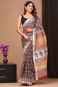 Linen Cotton Bagru Hand Block Saree With Blouse Piece