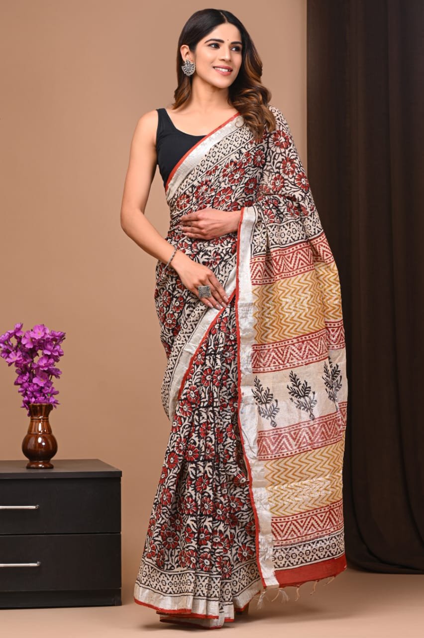 Linen Cotton Bagru Hand Block Saree With Blouse Piece